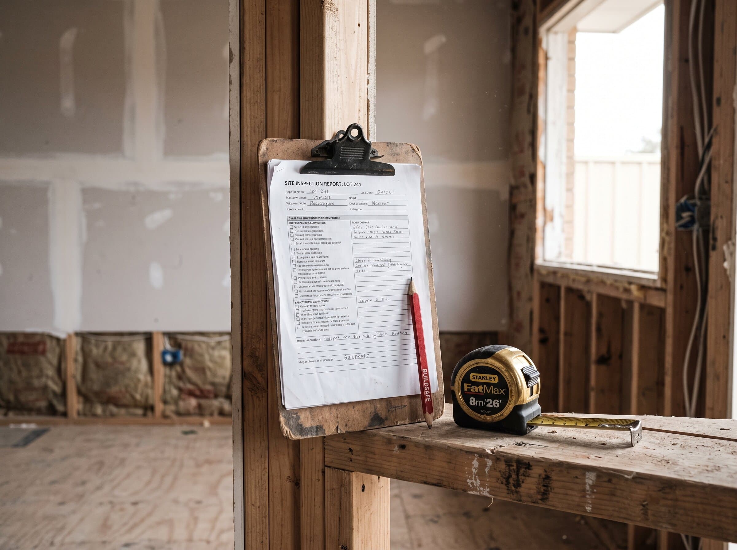 Inspection clipboard and tape measure at a residential renovation site