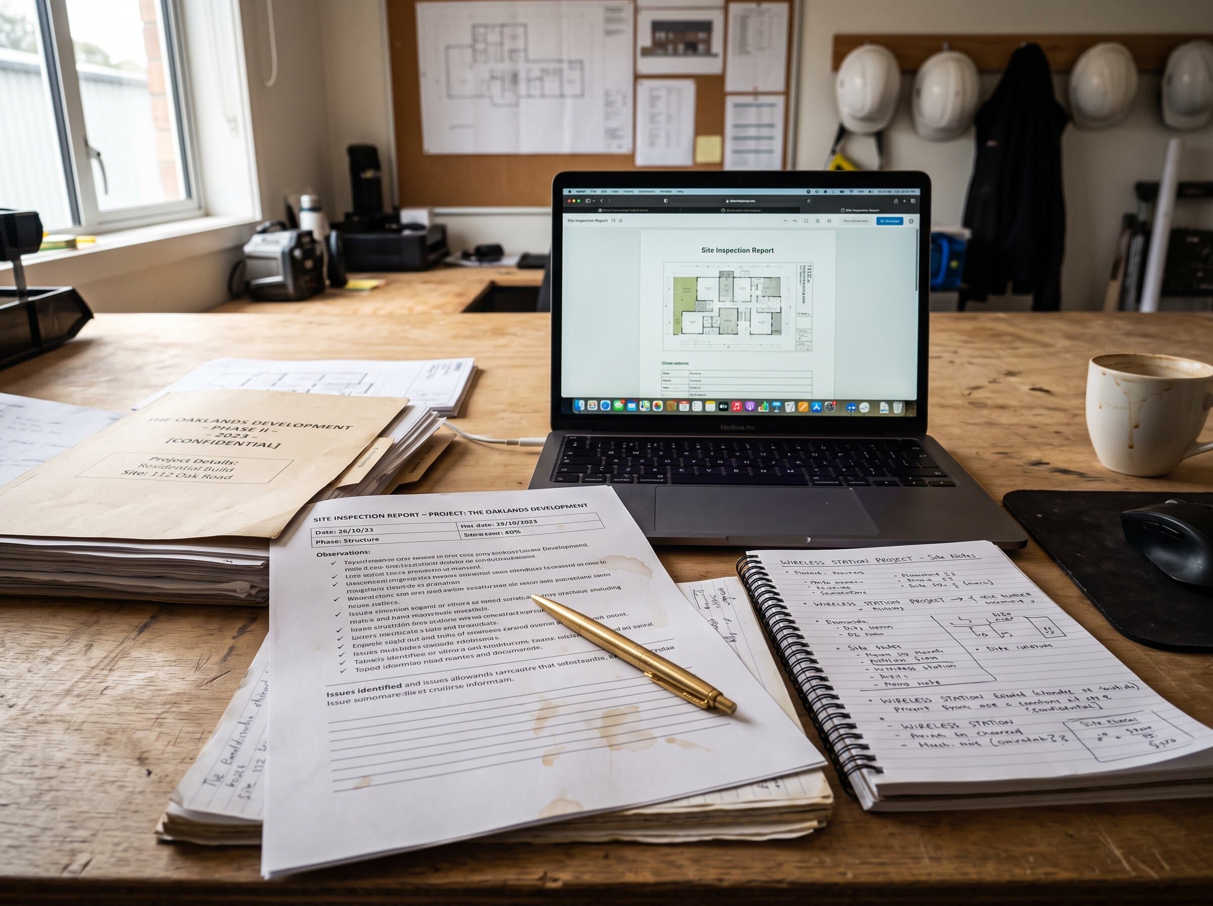 Site office desk with a laptop, printed inspection report and notes