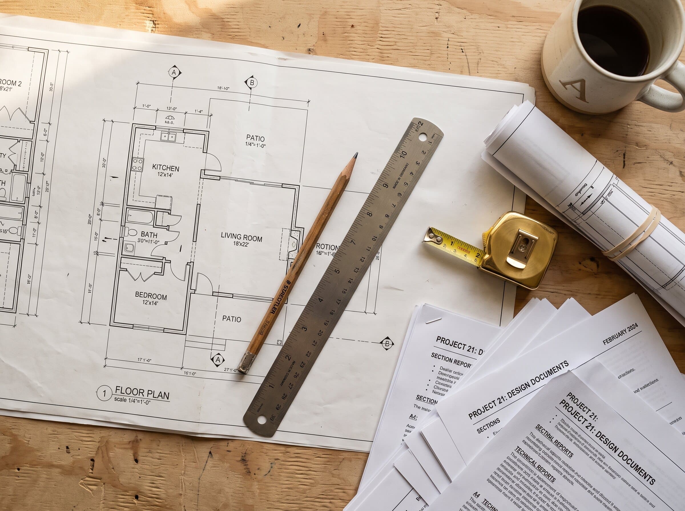 Architectural floor plans with a ruler, pencil and tape measure